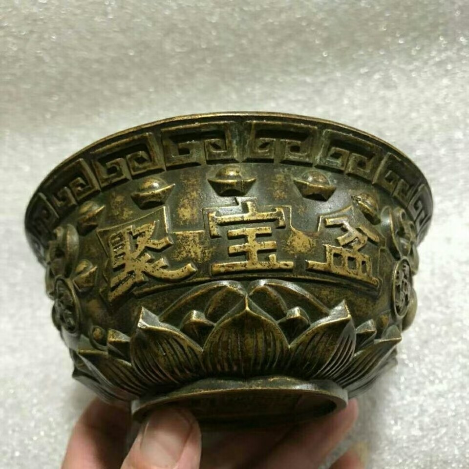 纯铜老包浆聚宝盆古玩收藏尺寸如图五福临门古铜铜器