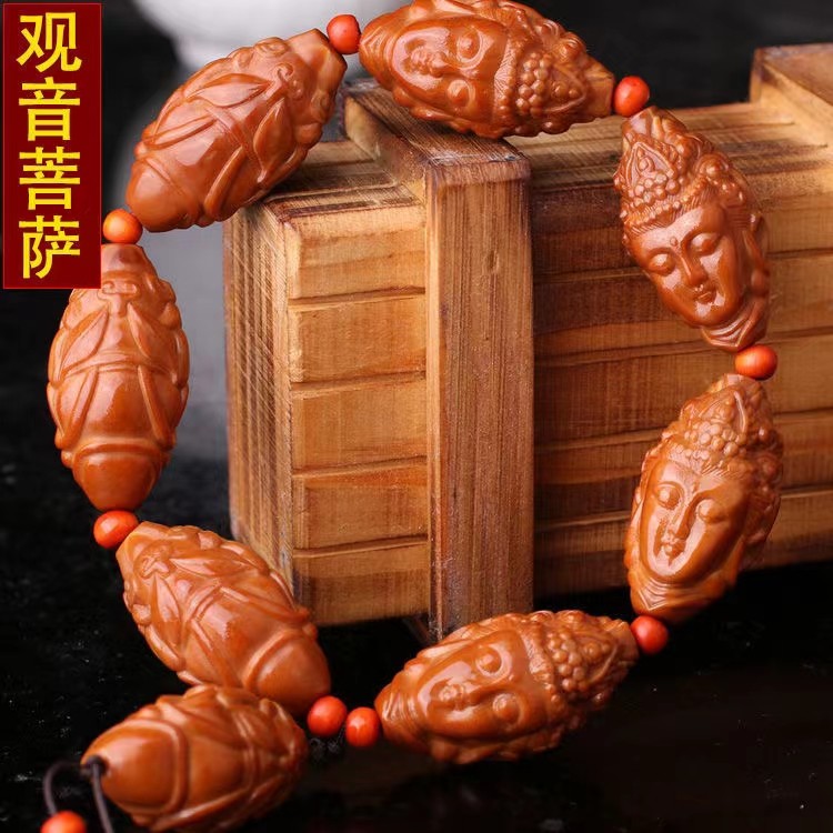 文玩橄榄核手串橄榄核雕刻大核观音菩萨关公手串男士橄榄胡手链老