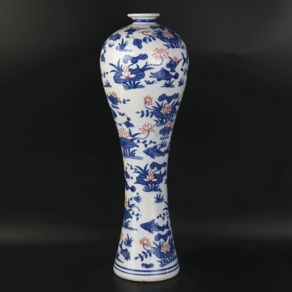 清乾隆年制青花釉里鱼纹红美人瓶瓷器旧货古玩收藏家居中式摆件