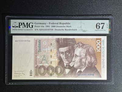 《张总收藏》52期——世界精品荟萃(拍品增加中) - 德国1000克朗 PMG67E 1991年首发年 P-44a 格林兄弟