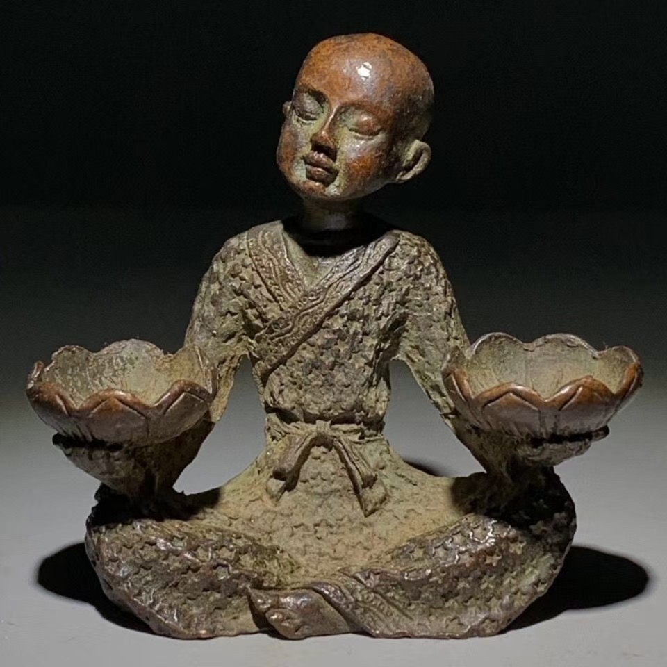 古董纯铜旧藏小沙弥烛台摆件老物件旧货老铜器古玩包老包真收藏品
