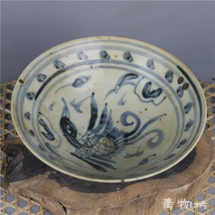 明代民窑青花手绘凤纹斗笠碗保真瓷器古玩古董旧货老物件收藏品