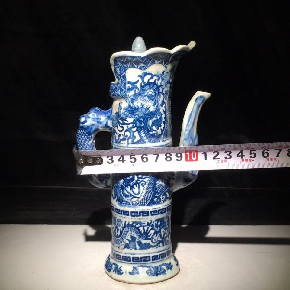 古董古玩杂项收藏老物件老瓷清乾隆青花龙纹多穆壶全品包老包真