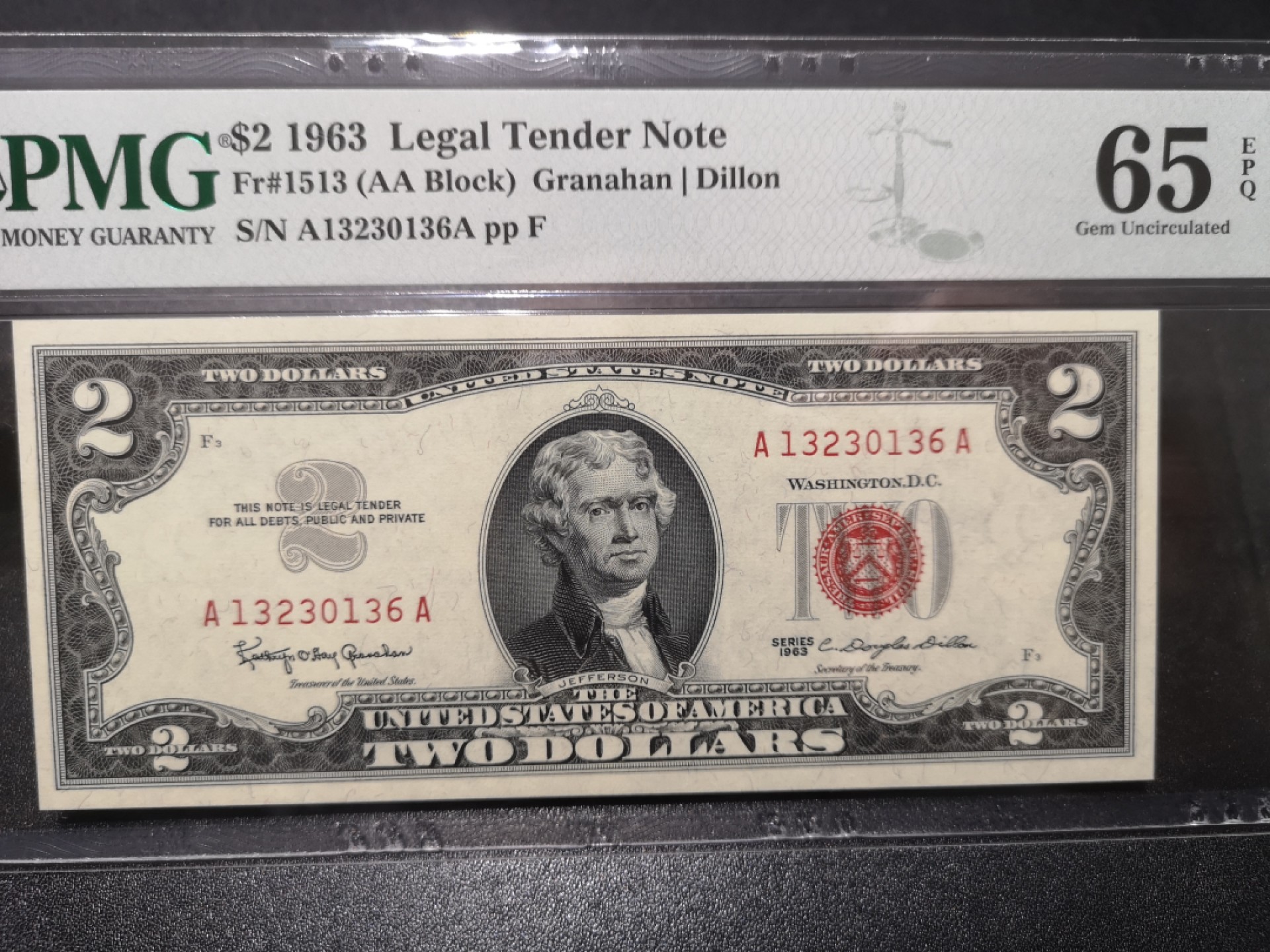 《外钞收藏家》第一百七十一期拍卖（本期97件） 1963年2美元 红库印 无47 PMG65 尾36