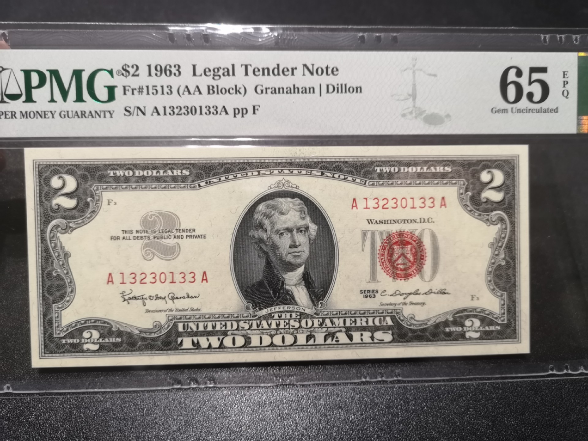 《外钞收藏家》第一百七十一期拍卖（本期97件） 1963年2美元 红库印 无47 PMG65