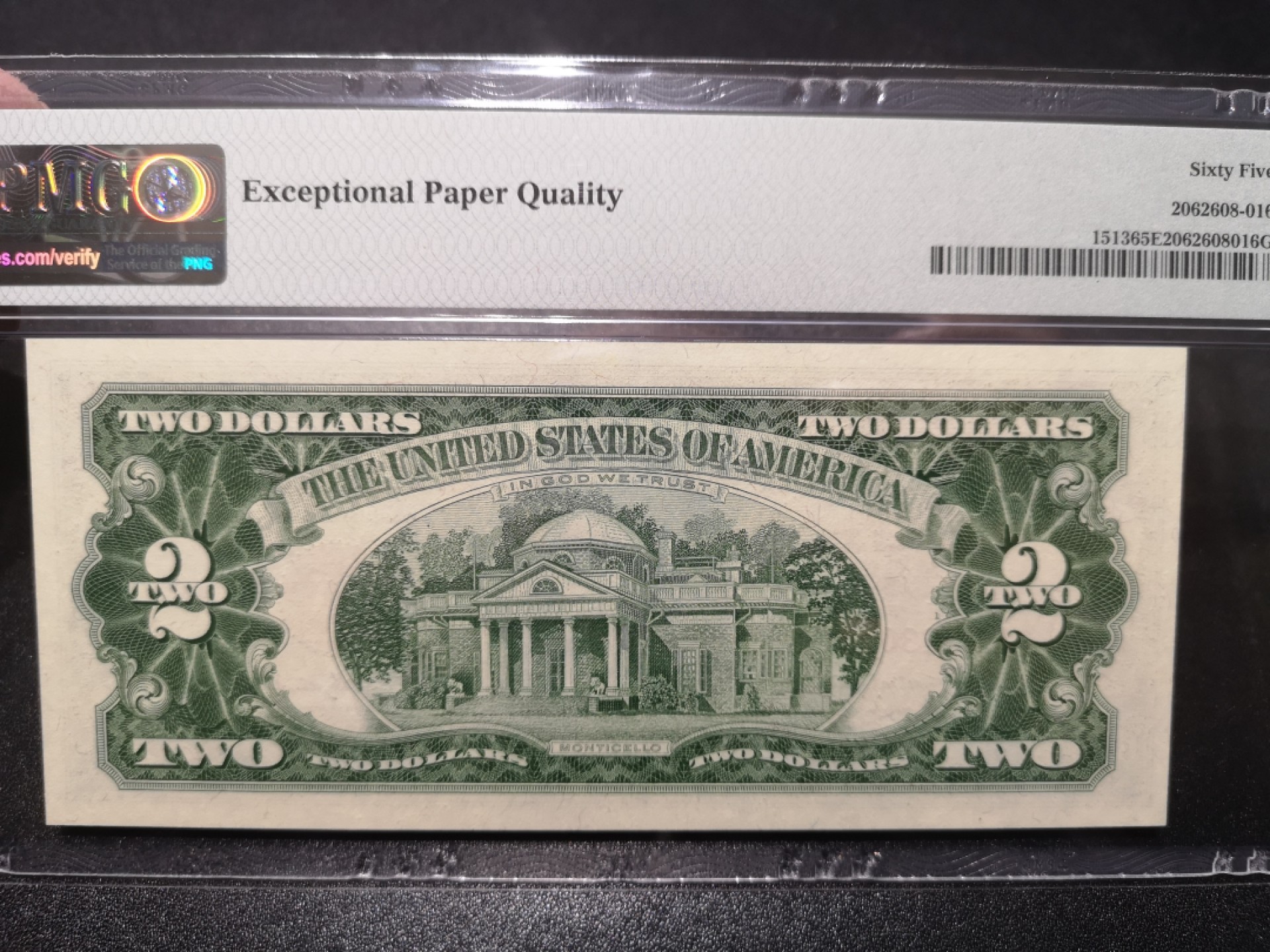 《外钞收藏家》第一百七十一期拍卖（本期97件） 1963年2美元 红库印 无47 PMG65 尾36