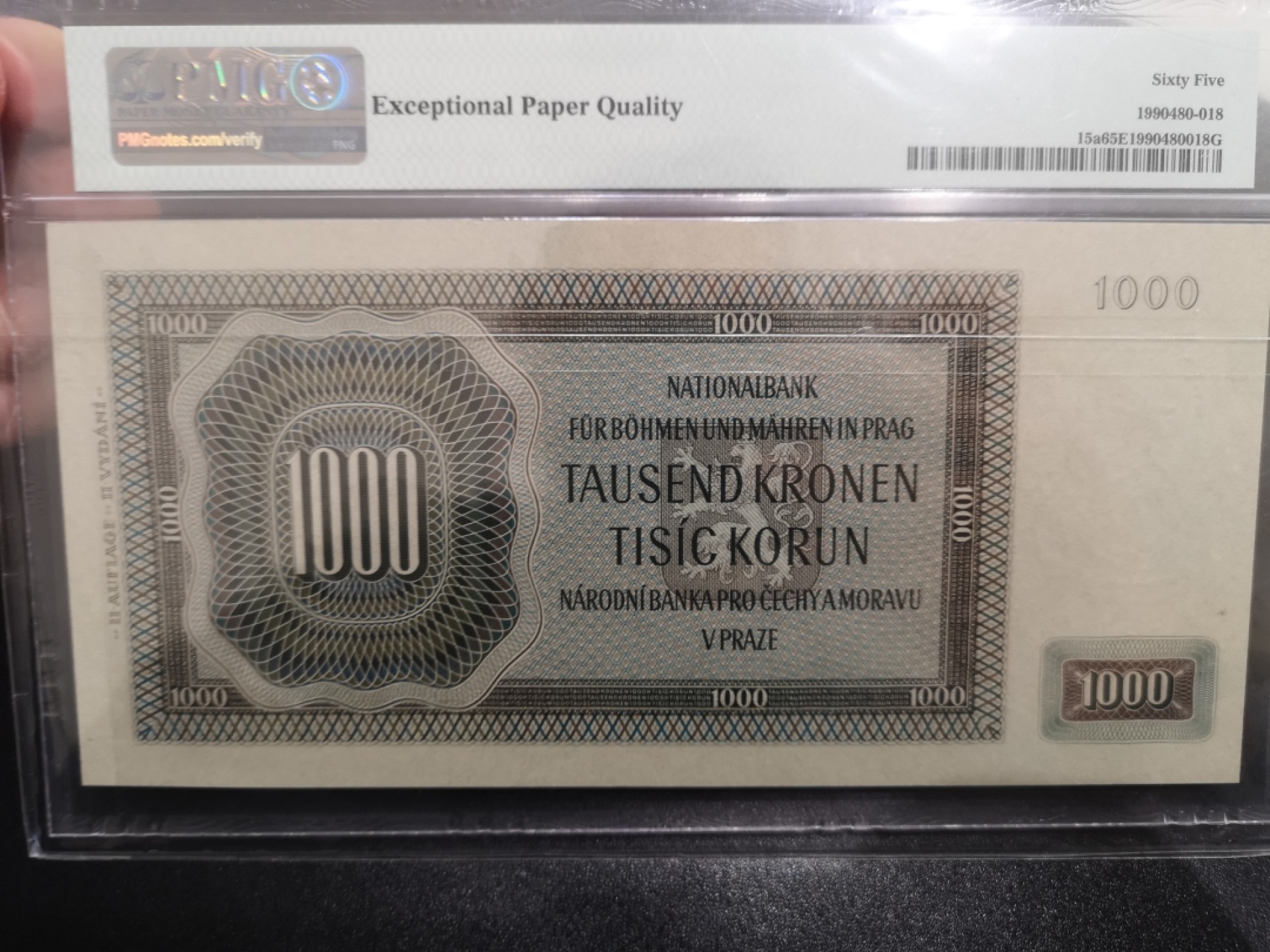 《外钞收藏家》第一百七十一期拍卖（本期97件） 1942年波西米亚1000克朗 PMG65 尾88 精美大票幅