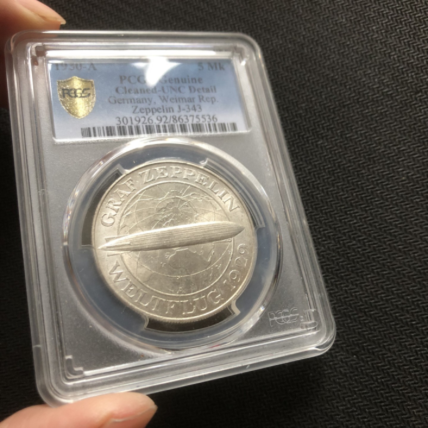 【保诚微拍】【自动拍卖、全场包邮】第19期 $ 硬币专场 $ 【PCGS AU】魏玛德国 1930年 齐柏林飞艇5马克 银币