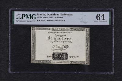 亘邦集藏 第108期 - 【唯一冠军分】1792年 法国10Livres PMG 64 S/N 3054 2051893-001