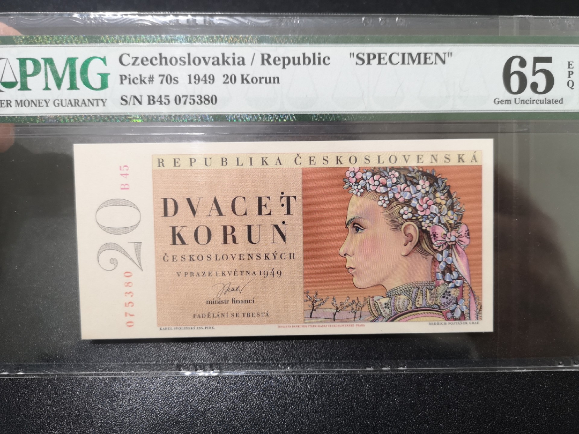 《外钞收藏家》第一百七十一期拍卖（本期97件） 1949年捷克斯洛伐克20克朗 PMG65 花环女孩 样钞