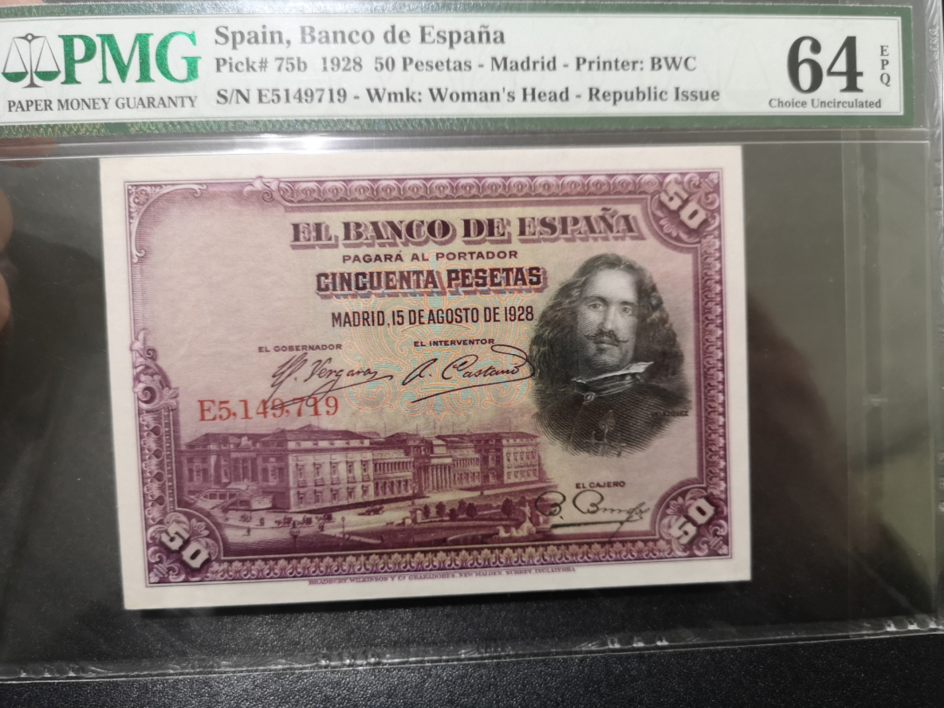 《外钞收藏家》第一百七十一期拍卖（本期97件） 1928年西班牙50比塞塔 PMG64E BWC作品