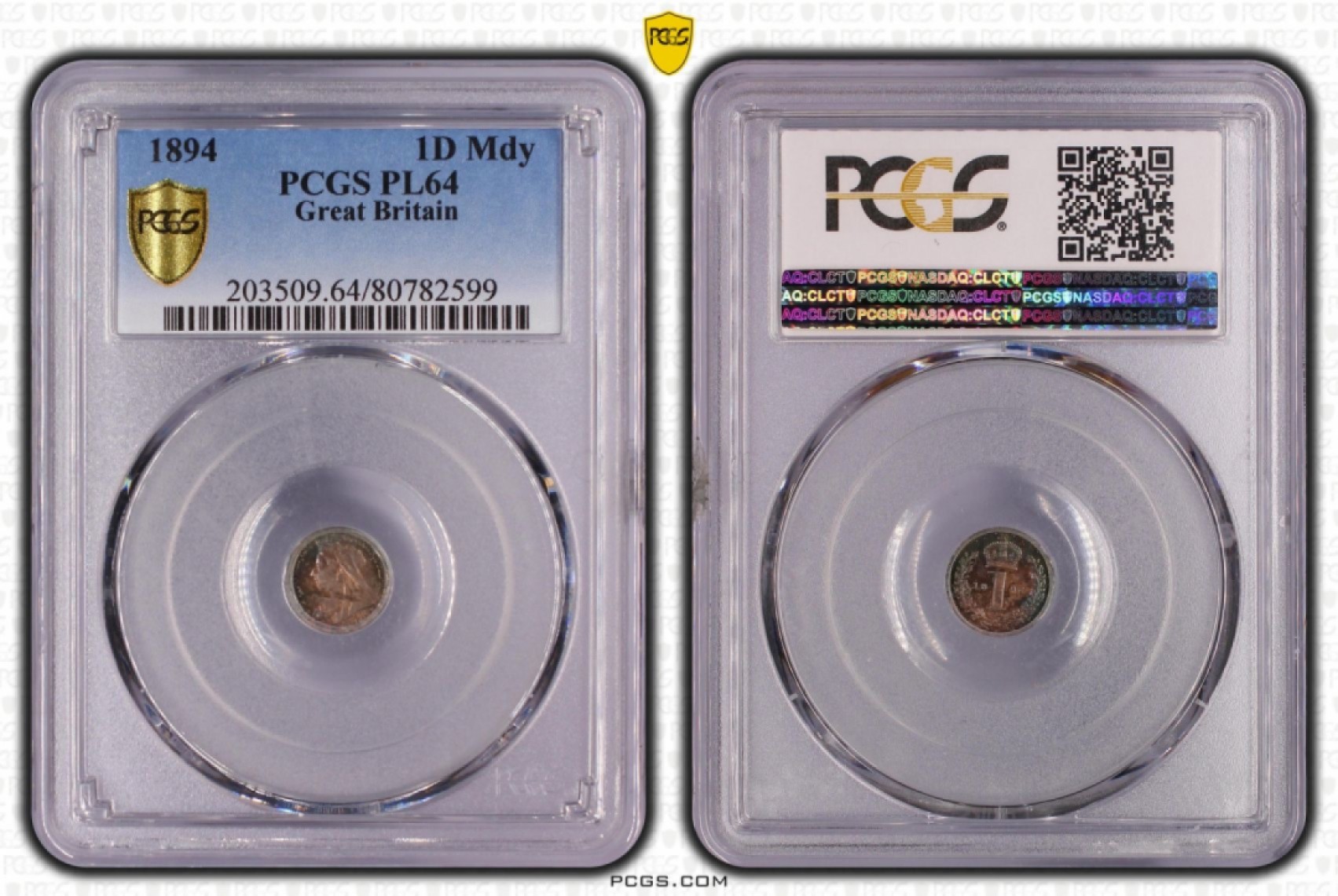 【保诚微拍】【自动拍卖、全场包邮】第19期 $ 硬币专场 $ 【PCGS PL64】英国维多利亚女王 1894年 1便士 洗足币 濯足币 银币 64高分！