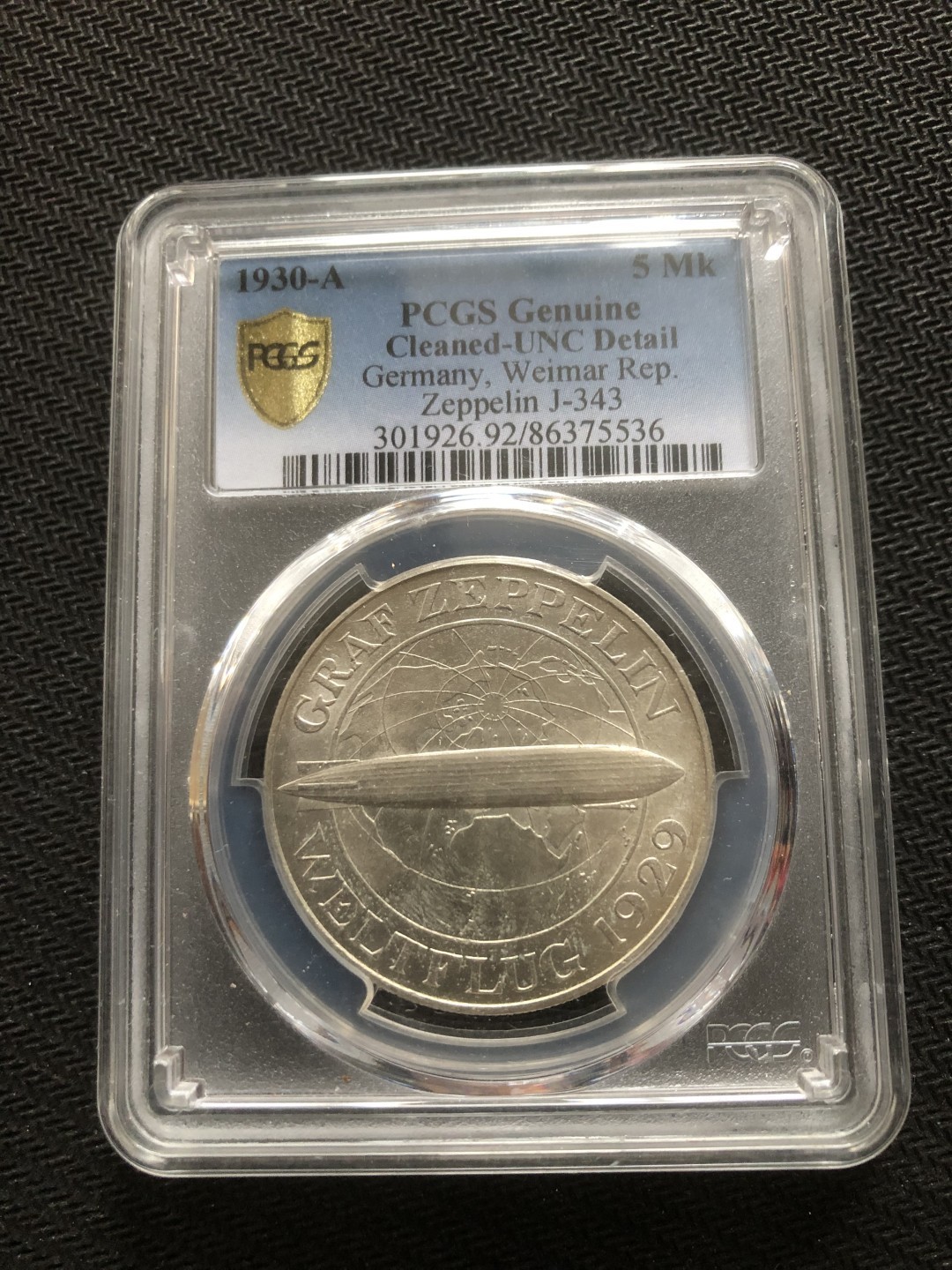 【保诚微拍】【自动拍卖、全场包邮】第19期 $ 硬币专场 $ 【PCGS AU】魏玛德国 1930年 齐柏林飞艇5马克 银币