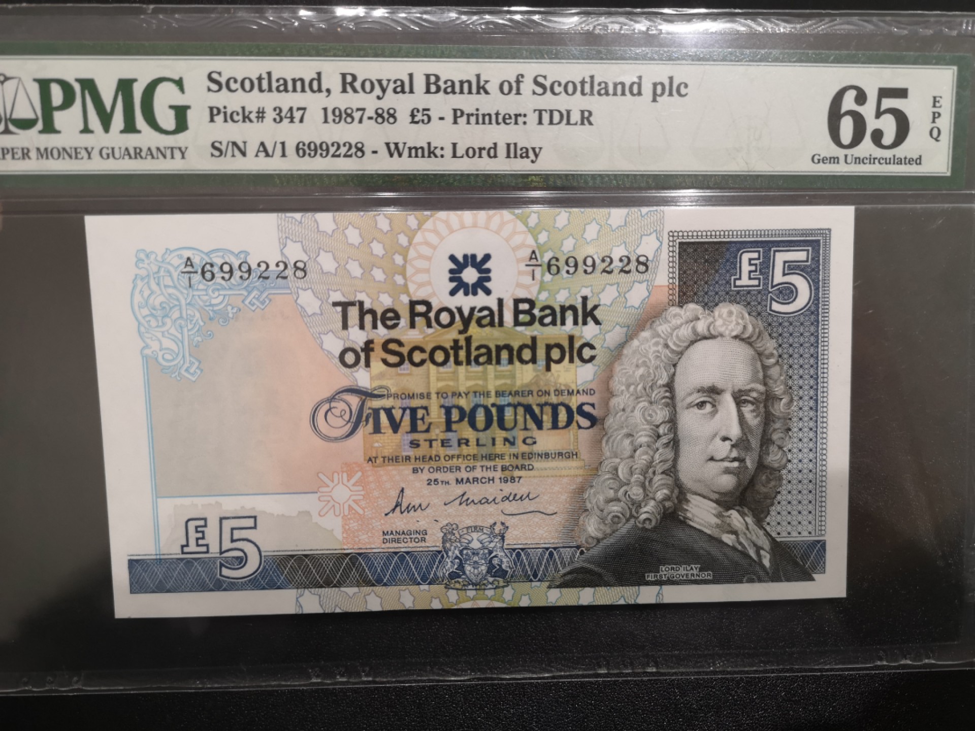 《外钞收藏家》第一百七十一期拍卖（本期97件） 1987年苏格兰皇家银行5镑 无47 PMG65 A/冠