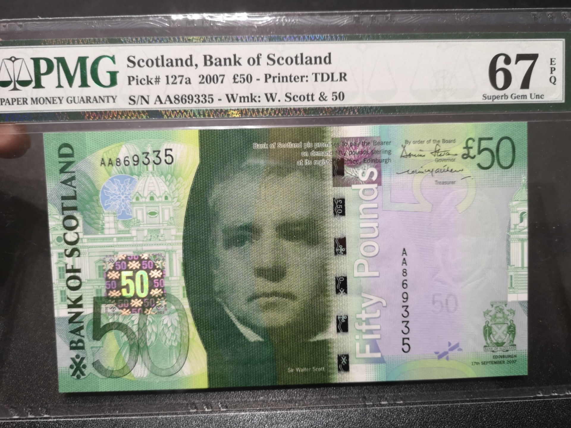 《外钞收藏家》第一百七十一期拍卖（本期97件） 2007年苏格兰50镑 PMG67 AA冠 无47