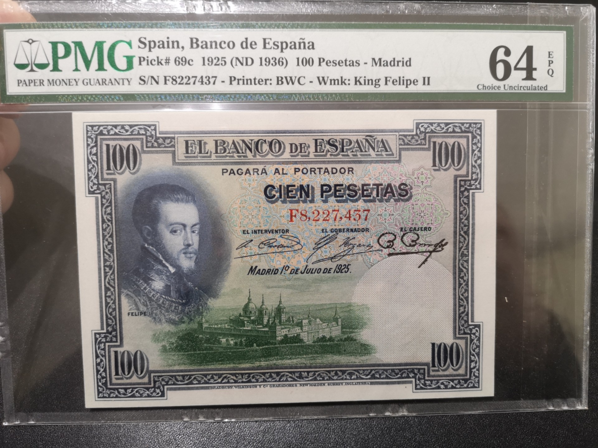 《外钞收藏家》第一百七十一期拍卖（本期97件） 1925年西班牙100比塞塔 PMG64E BWC作品