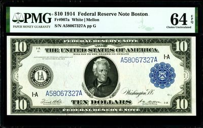 【Blue Auction】✨世界纸币精拍第167期——朝圣者登陆（共95拍） - 【AA冠】美国 1914年10美金 PMG64EPQ 大票幅双面雕刻 精美 工业与农业主题
