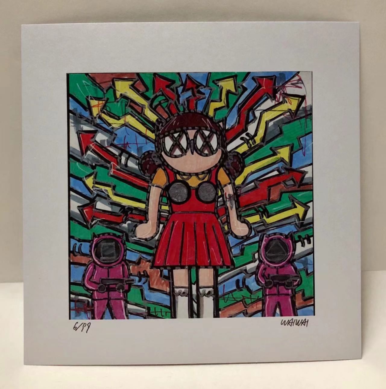 零元拍：歪歪亲笔签名 OWSON系列限量插画复制画《鱿鱼游戏》，尺寸约22/22厘米，拍品不含镜框