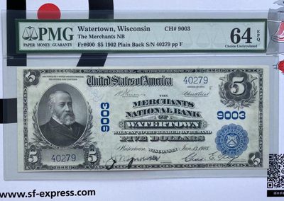 【Blue Auction】✨世界纸币精拍第167期——朝圣者登陆（共95拍） -  【潜力升值品种 近2年涨了50%以上】美国 1902年5美金 PMG64EPQ 背面经典油画《Landing of the Pilgrims》（朝圣者登陆）