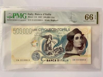 【Blue Auction】✨世界纸币精拍第167期——朝圣者登陆（共95拍） - 【无47】意大利 1997年50万里拉 经典拉斐尔 PMG66EPQ 