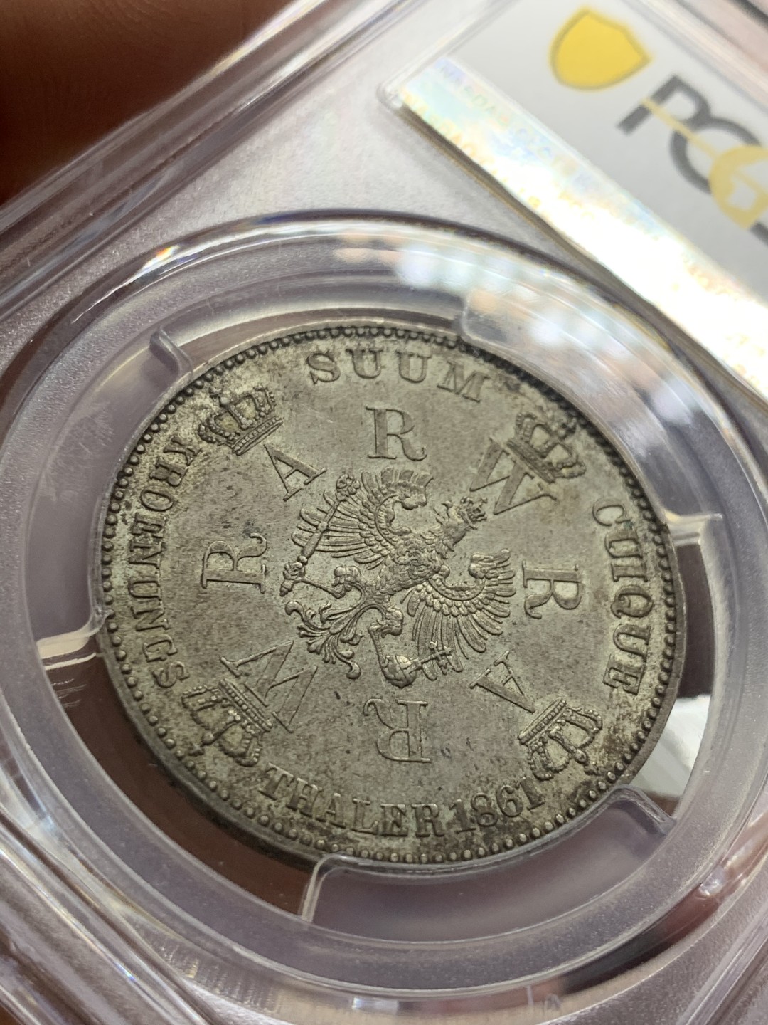 《竞宝斋》第39，40场-本周日，周一2场连拍（全场顺丰包邮） PCGS-AU58 德国普鲁士 1861年 威廉一世登基泰勒 原味五彩包浆