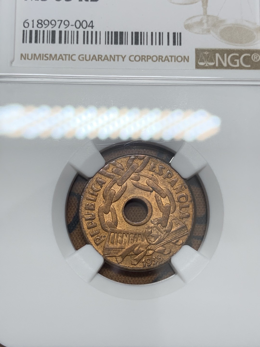 《竞宝斋》第39，40场-本周日，周一2场连拍（全场顺丰包邮） NGC MS63 西班牙 内战币 1938年 25分 铜币 非常难得品种