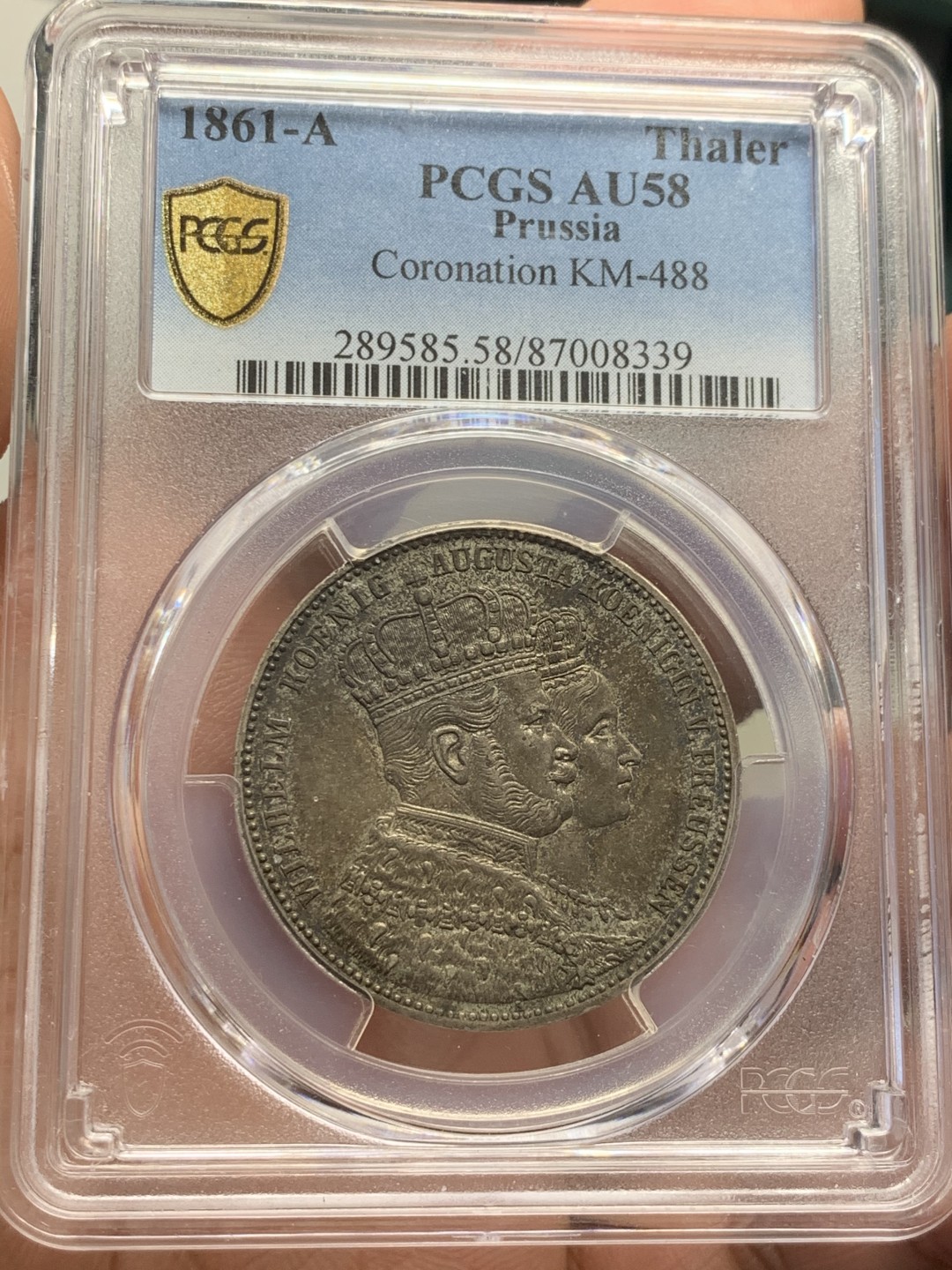 《竞宝斋》第39，40场-本周日，周一2场连拍（全场顺丰包邮） PCGS-AU58 德国普鲁士 1861年 威廉一世登基泰勒 原味五彩包浆