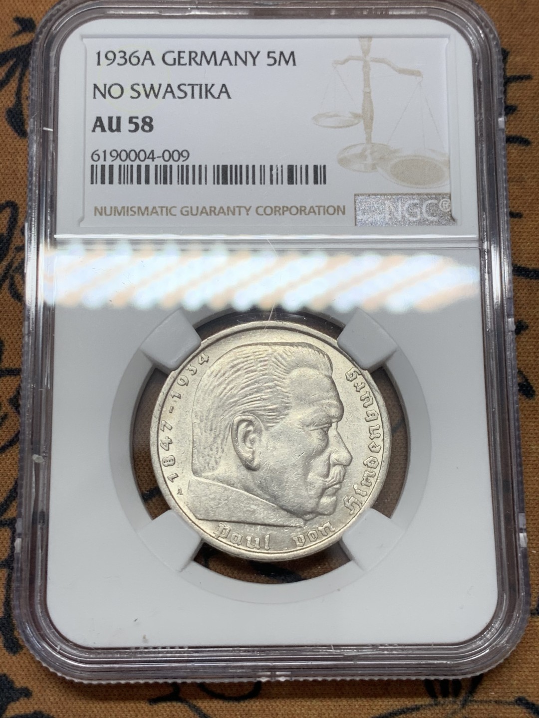 《竞宝斋》第39，40场-本周日，周一2场连拍（全场顺丰包邮） NGC 评级 德国 1936年 兴登堡 老鹰 5马克 银币