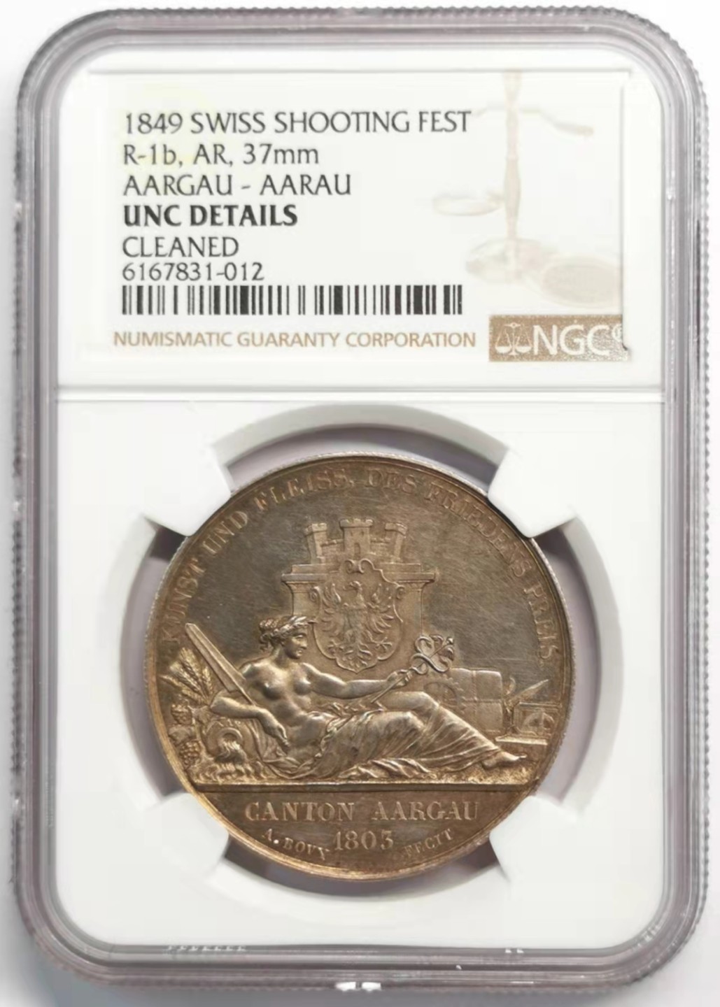 凡希社世界钱币微拍第一百九十二期 1849瑞士阿尔高射击节纪念银章NGC-UNCD