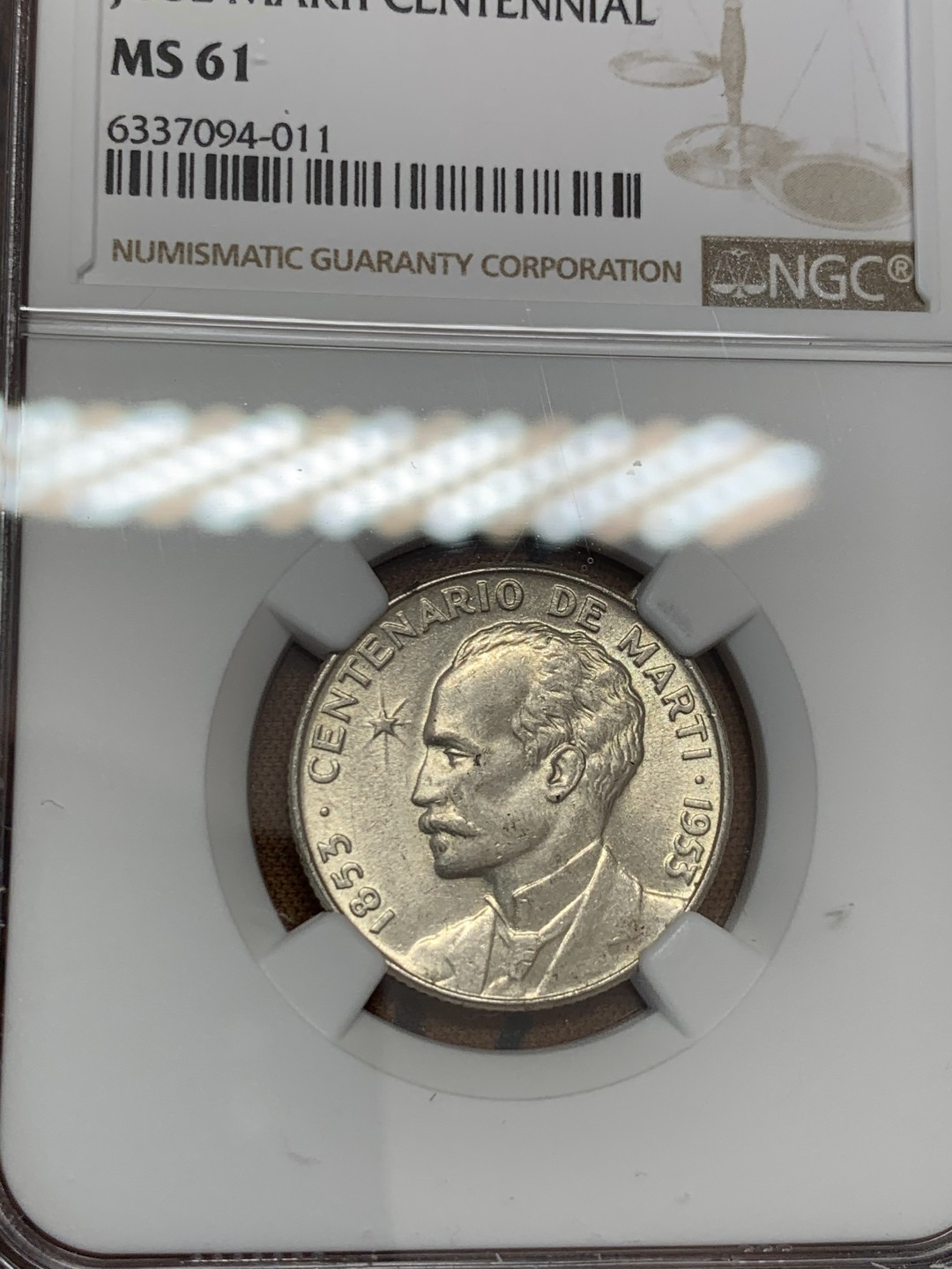 《竞宝斋》第39，40场-本周日，周一2场连拍（全场顺丰包邮） NGC-MS61 古巴 1953年 何塞马丁百年纪念 25分 原光银币 热门品种