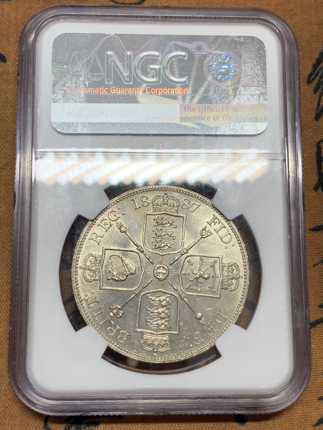 《竞宝斋》第39，40场-本周日，周一2场连拍（全场顺丰包邮） NGC 评级  英国 1887年 罗马体 维多利亚 双福林银币  PL 底板 阿拉伯1版