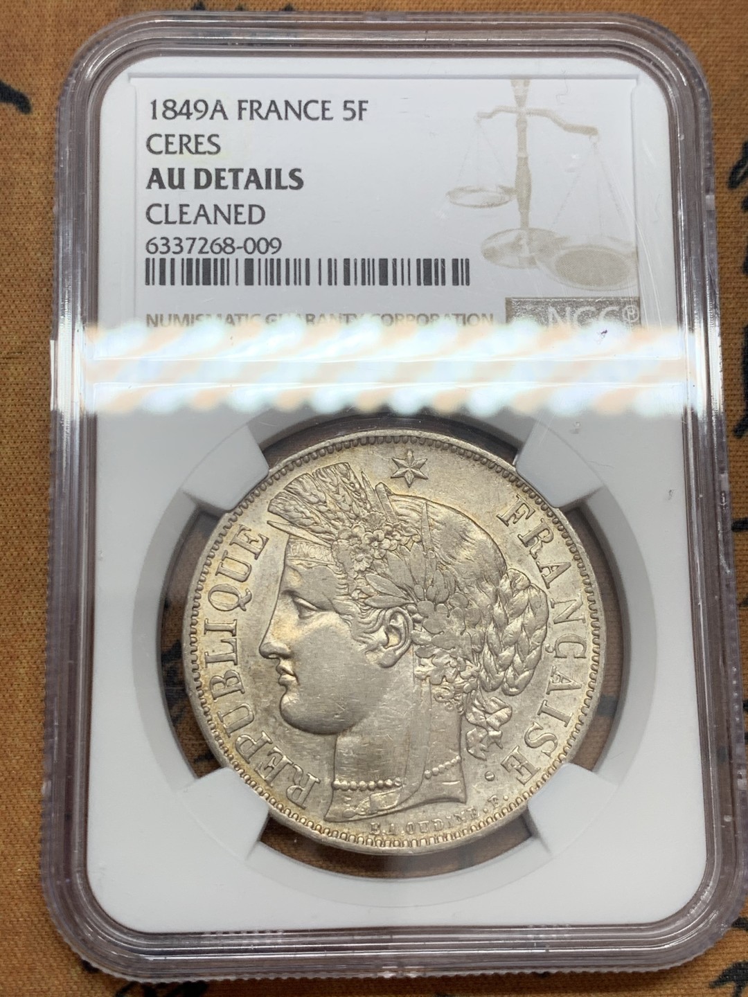 《竞宝斋》第39，40场-本周日，周一2场连拍（全场顺丰包邮） NGC-AU 法国 1849年 谷物女神 5法郎 大银币 背面金彩 非常漂亮 可惜说有洗没给分
