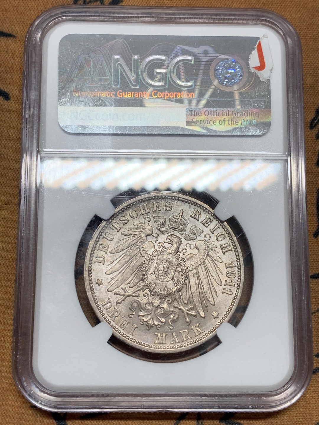 《竞宝斋》第39，40场-本周日，周一2场连拍（全场顺丰包邮） NGC-MS64 德国 1911年 符腾堡 银婚3马克银币 淡彩包浆值得收藏