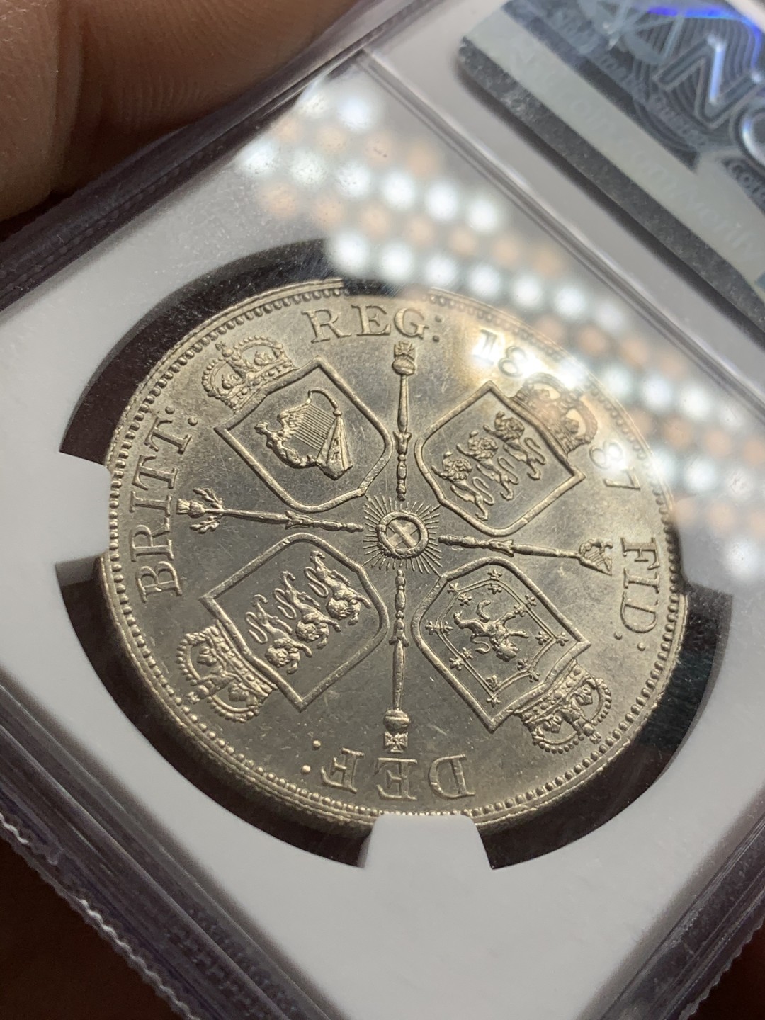 《竞宝斋》第39，40场-本周日，周一2场连拍（全场顺丰包邮） NGC 评级  英国 1887年 罗马体 维多利亚 双福林银币  PL 底板 阿拉伯1版