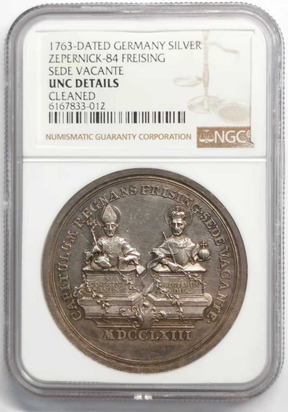 凡希社世界钱币微拍第一百九十二期 荐！1763德国弗莱辛主教缺位纪念银章NGC-UNCD