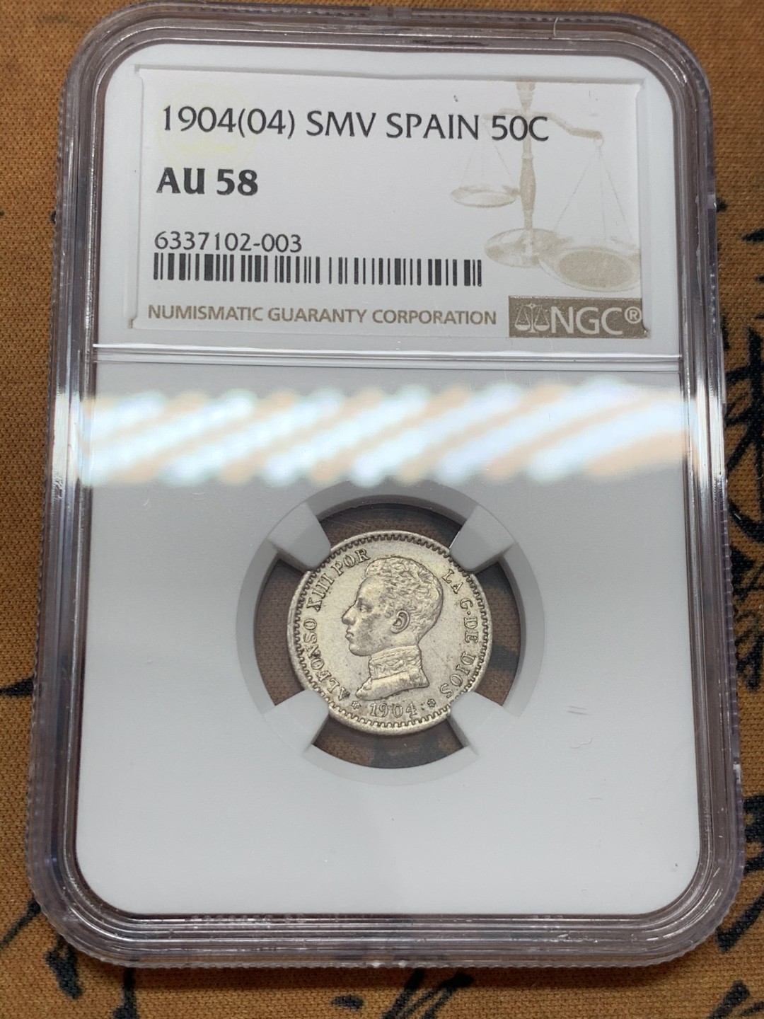 《竞宝斋》第39，40场-本周日，周一2场连拍（全场顺丰包邮） NGC-AU58 西班牙 1904年 阿方索十三世 50分 银币 原光好品