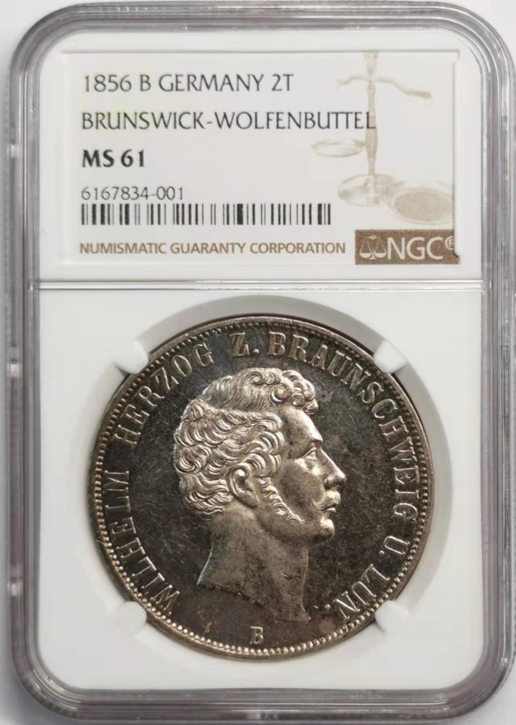 凡希社世界钱币微拍第一百九十二期 荐！1856布伦瑞克沃芬布特2泰勒大银NGC-MS61钢蓝色包浆！