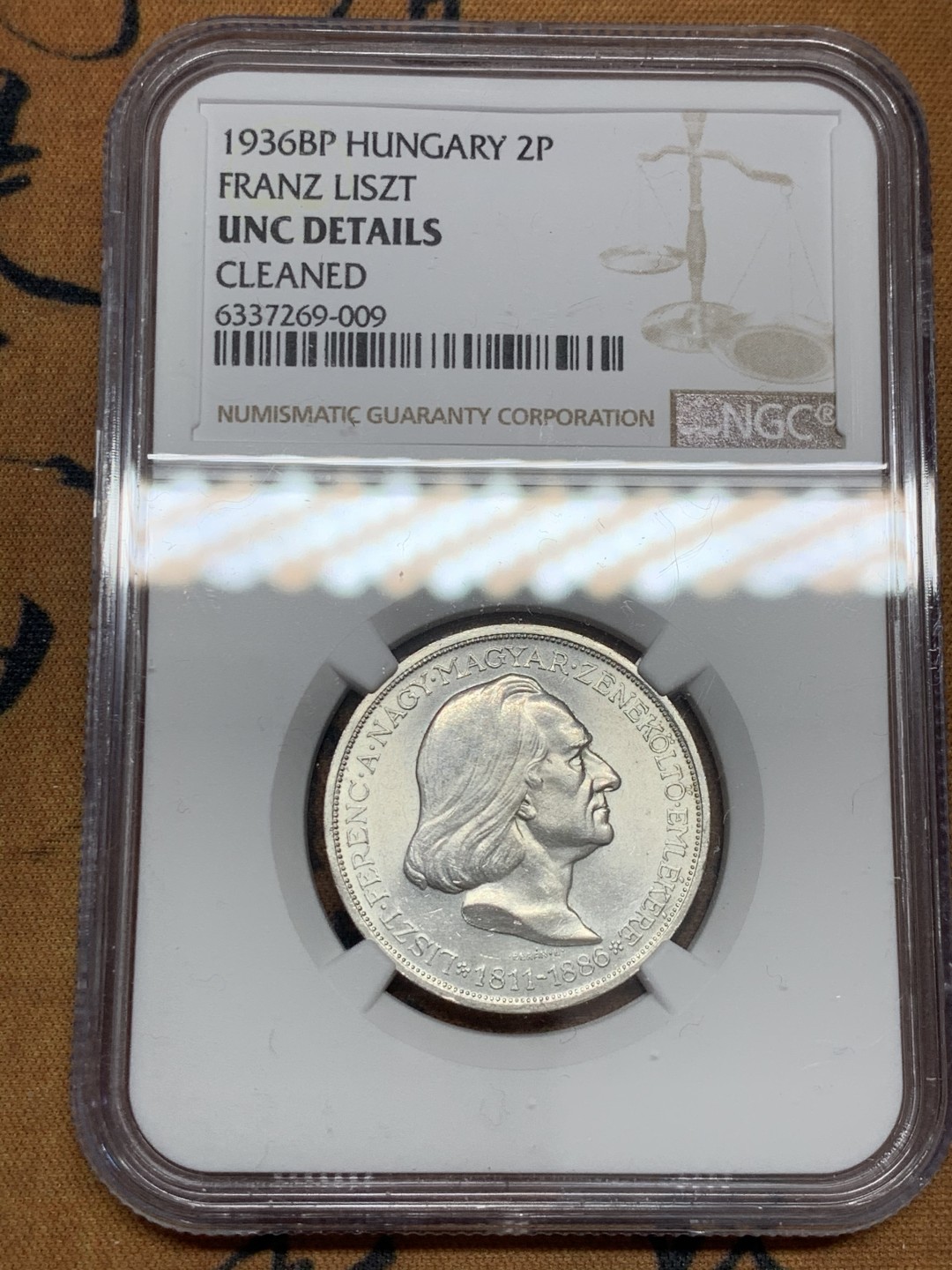 《竞宝斋》第39，40场-本周日，周一2场连拍（全场顺丰包邮） NGC-UNC 匈牙利 1936年 50周年纪念 2潘果 银币 原光好品 看不出洗过