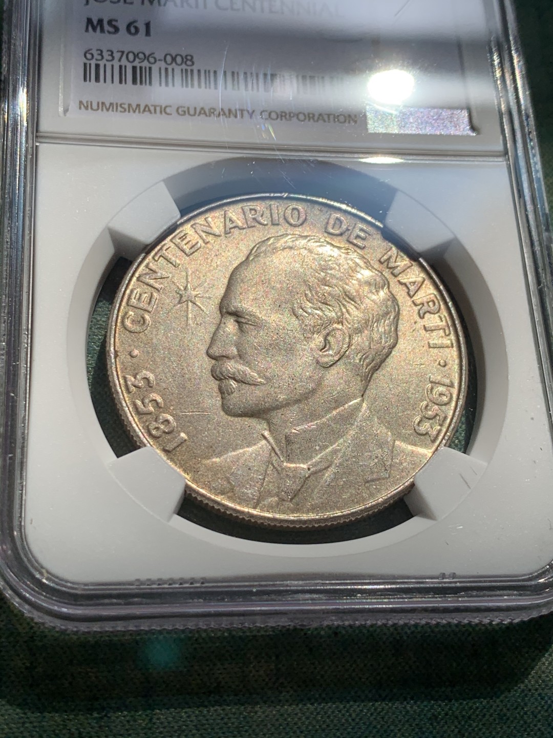 《竞宝斋》第39，40场-本周日，周一2场连拍（全场顺丰包邮） NGC-MS61 古巴 1953年 何塞马丁百年纪念 1比索 原光银币 热门品种