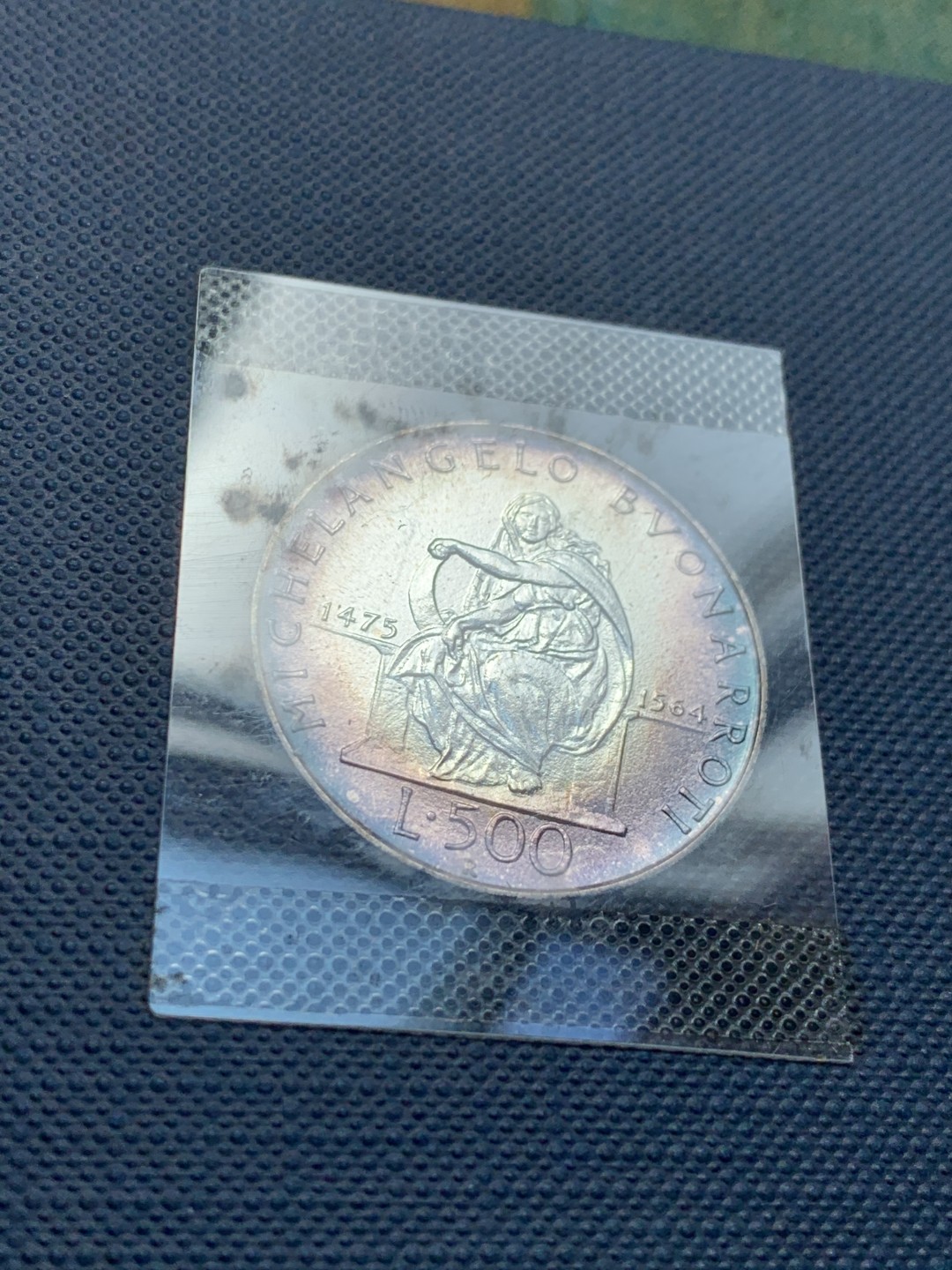 《竞宝斋》第39，40场-本周日，周一2场连拍（全场顺丰包邮） 1975年 意大利 米开朗奇罗 500里拉 纪念银币 三折卡装 值得收藏