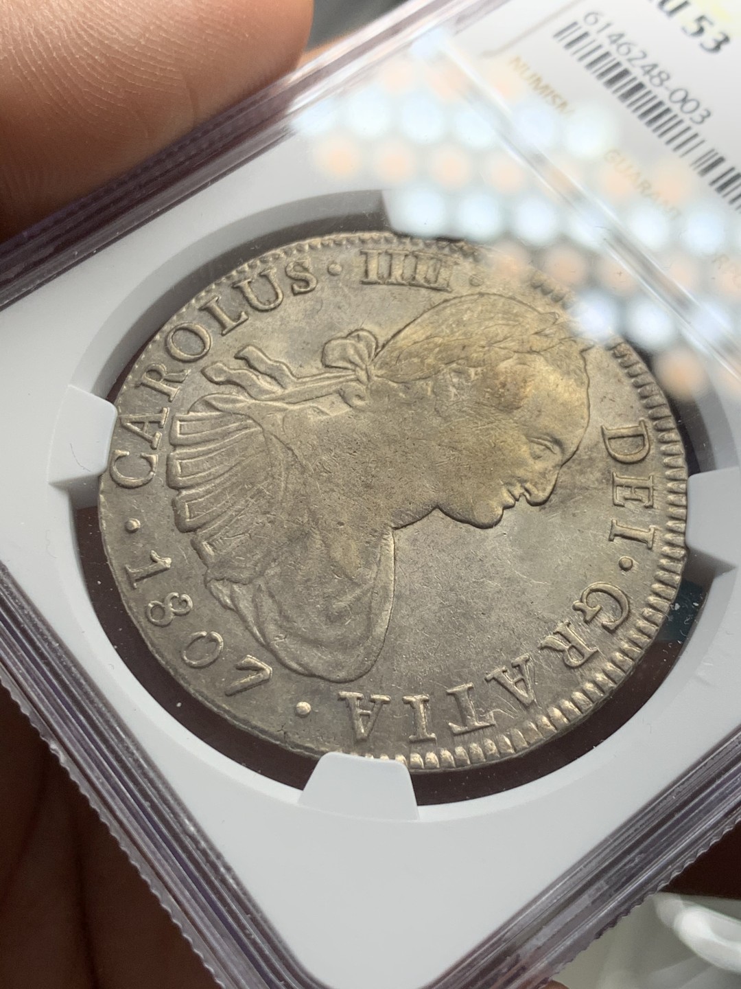 《竞宝斋》第39，40场-本周日，周一2场连拍（全场顺丰包邮） NGC-AU53 墨西哥 1807年 8 里亚尔  人像双柱卡洛斯四世  银币      原味