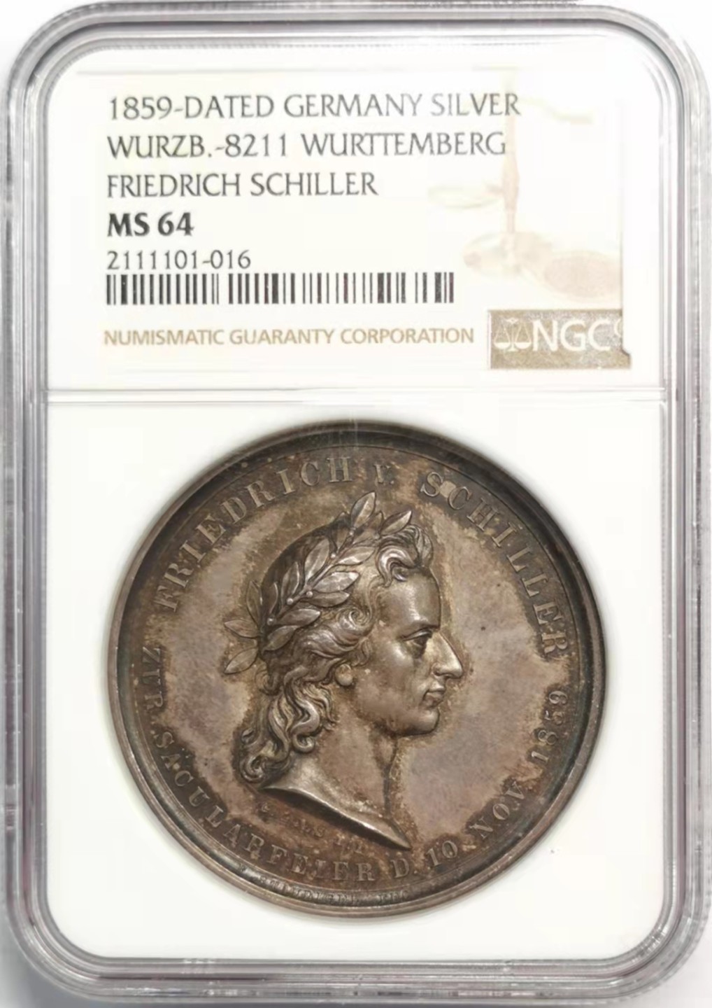 凡希社世界钱币微拍第一百九十二期 荐！1859符腾堡席勒纪念银章NGC-MS64高浮雕工艺极精湛！