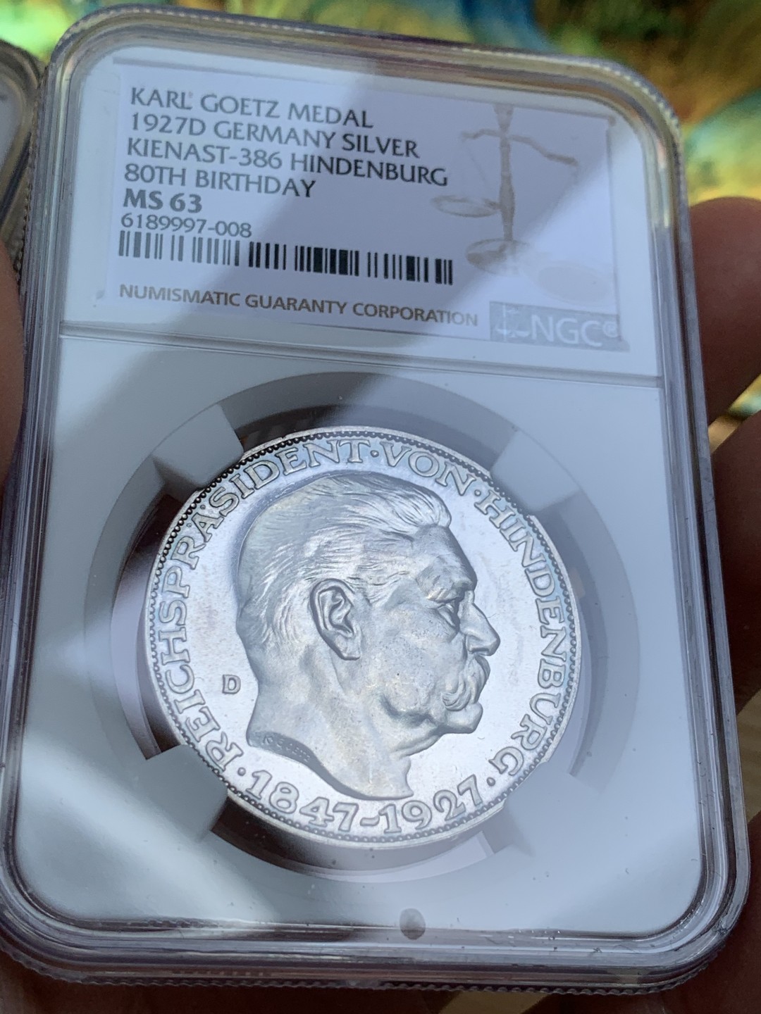 《竞宝斋》第39，40场-本周日，周一2场连拍（全场顺丰包邮） NGC-MS63 德国 1927年 兴登堡80大寿纪念大银章 底板转光 PL 底板