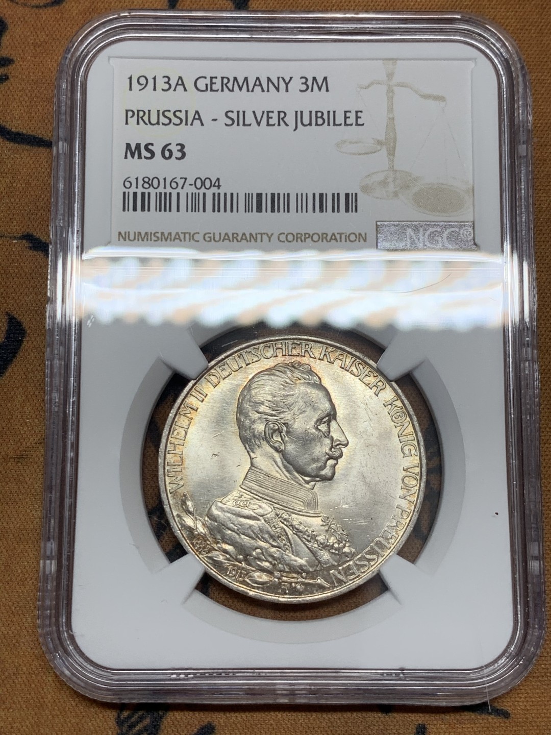 《竞宝斋》第39，40场-本周日，周一2场连拍（全场顺丰包邮） NGC-MS63 德国普鲁士 1913年 军转版 3马克 银币 车轮光好品