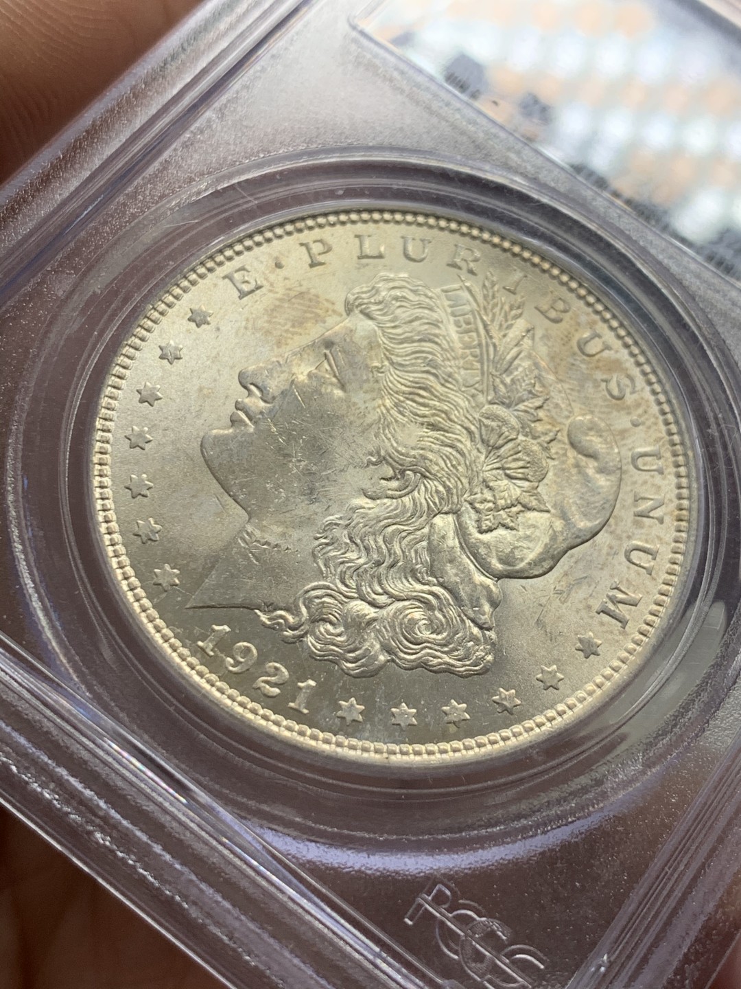 《竞宝斋》第39，40场-本周日，周一2场连拍（全场顺丰包邮） PCGS MS63 美国 1921年 摩根银元 早期老盒