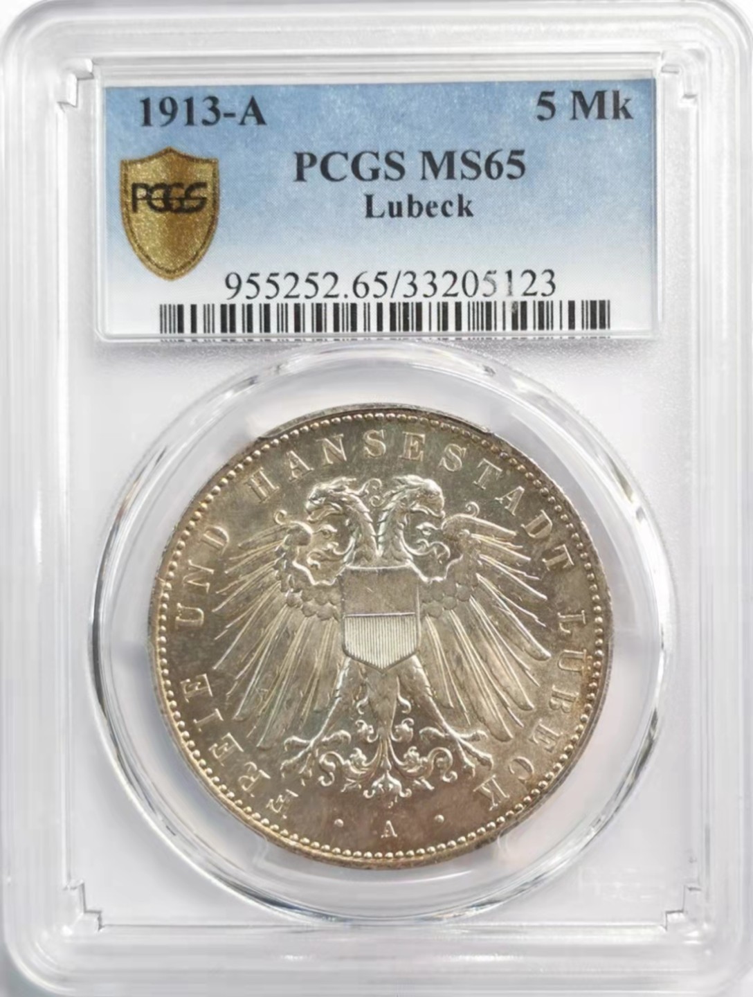 凡希社世界钱币微拍第一百九十二期 稀！1913吕贝克双头鹰5马克大银PCGS-MS65高分收藏级！