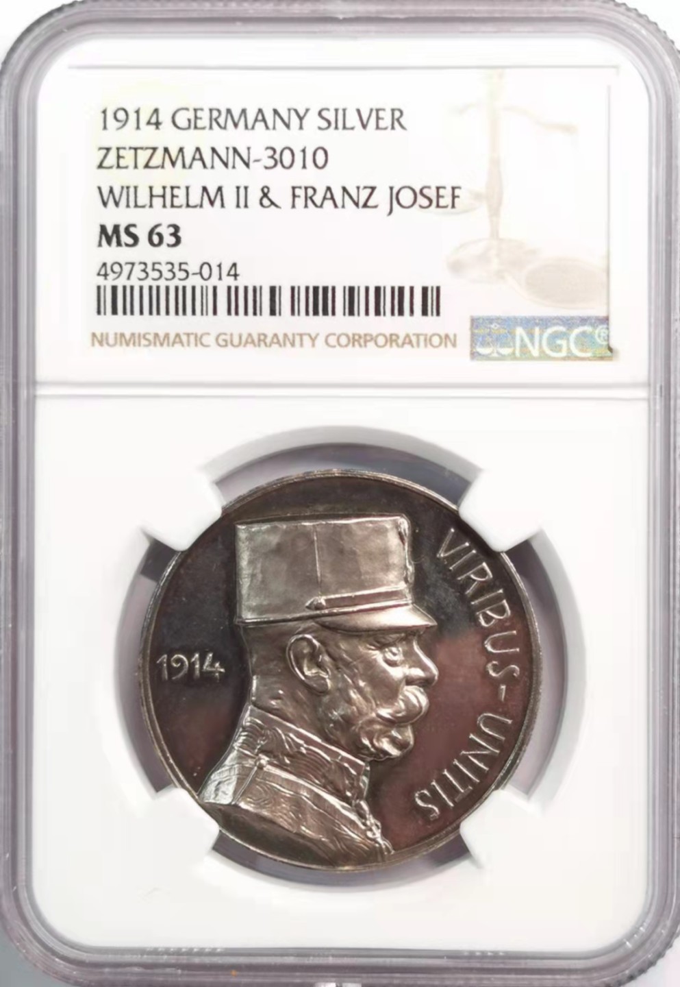 凡希社世界钱币微拍第一百九十二期 1914普奥元首双面人像纪念银章NGC-MS63少见品种！