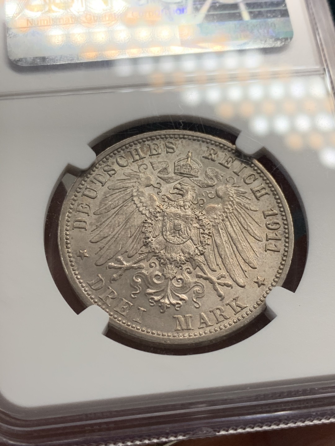 《竞宝斋》第39，40场-本周日，周一2场连拍（全场顺丰包邮） NGC-MS64 德国 1911年 符腾堡 银婚3马克银币 淡彩包浆值得收藏