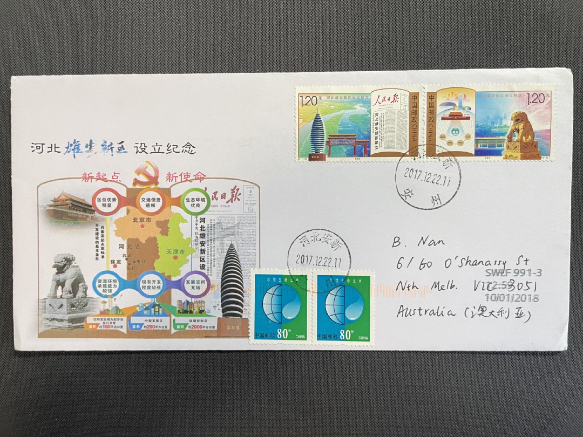 【第11期】莲池国际邮品拍卖 【原地封】2017 雄安新区成立纪念 安州原地美术封 实寄澳洲