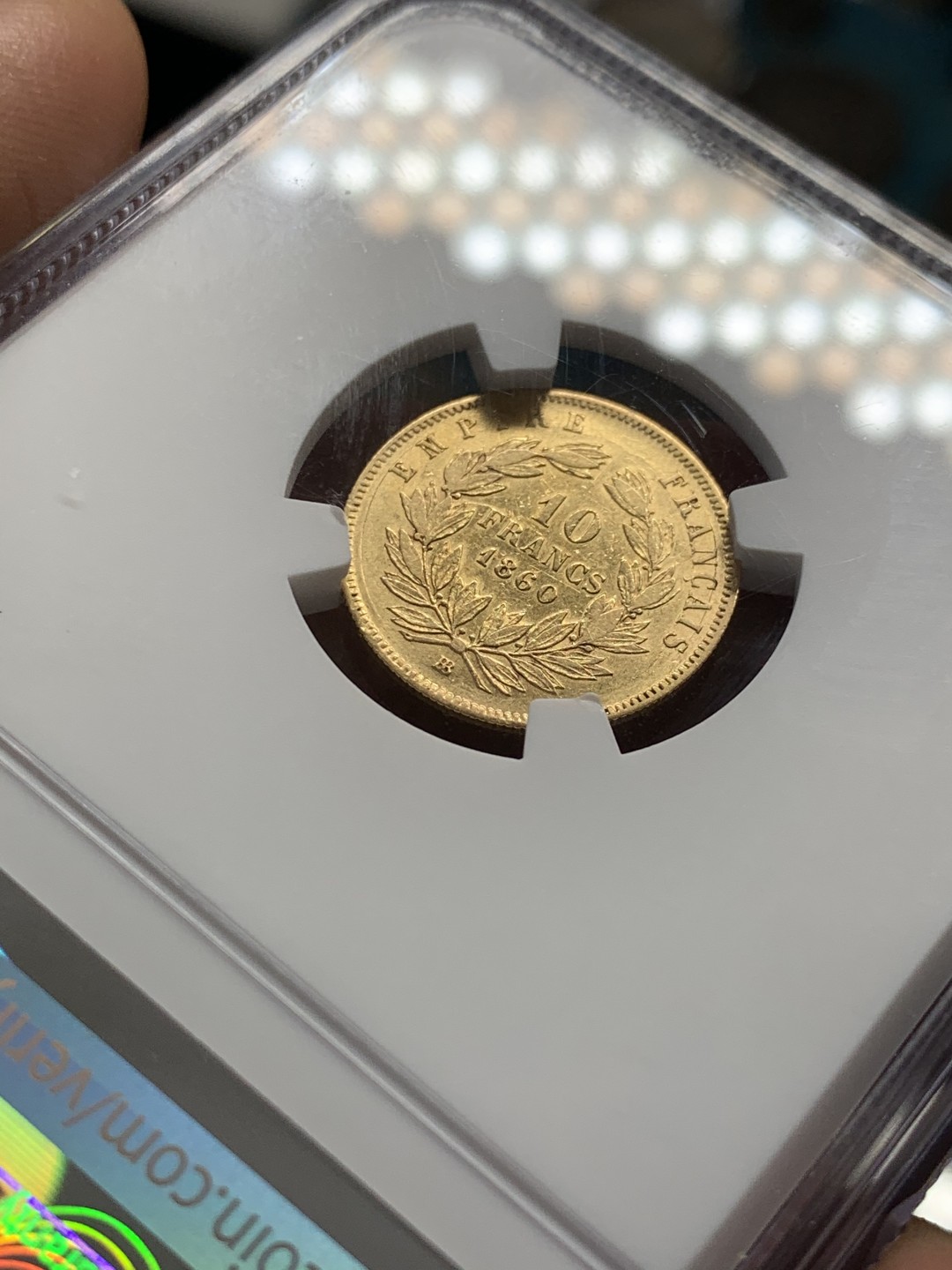 《竞宝斋》第39，40场-本周日，周一2场连拍（全场顺丰包邮） NGC 评级 法国 光头 拿三 无冠版 1860年 10法郎 金币